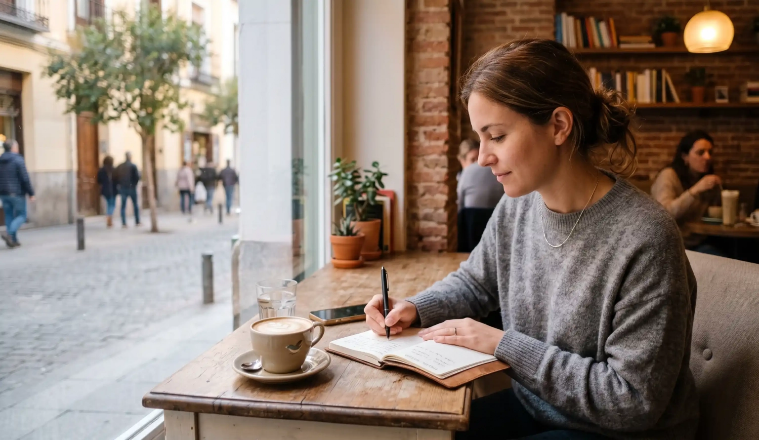 Mujer practicando cambio autoguiado mediante la escritura y el tiempo para sí misma.