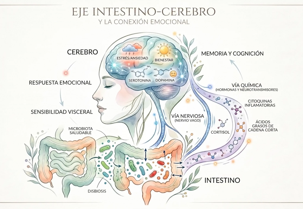 Diagrama elegante del eje intestino-cerebro mostrando la conexión emocional.