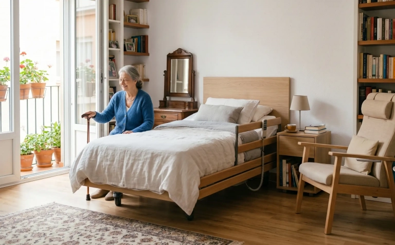 Habitación adaptada con mobiliario ergonómico para mejorar la independencia en el hogar.