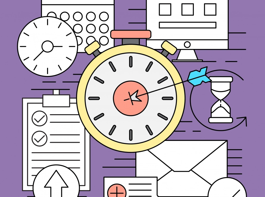 Ilustración de herramientas de productividad: calendario, reloj, lista de tareas y metas para organizar la mente.