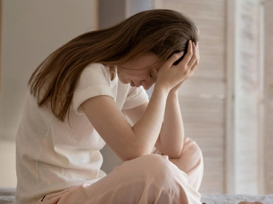 Mujer sentada en la cama con las manos en la cabeza expresando depresión.