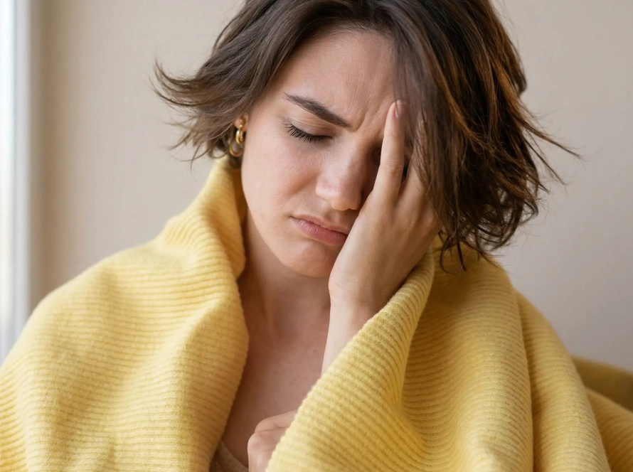 Mujer con las manos en la cabeza expresando ansiedad y estrés.