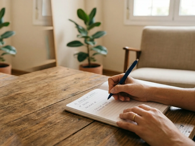Psicóloga en Granada realizando anotaciones durante una sesión de terapia presencial en su consulta física.