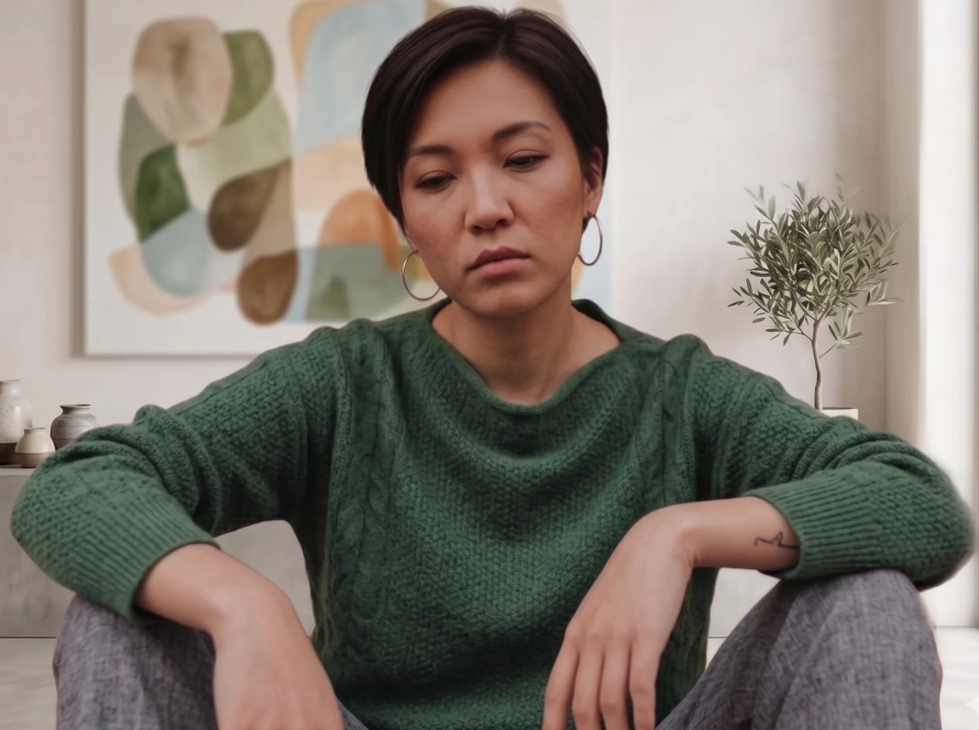 Mujer joven sentada con expresión de apatía y falta de motivación en un entorno doméstico.