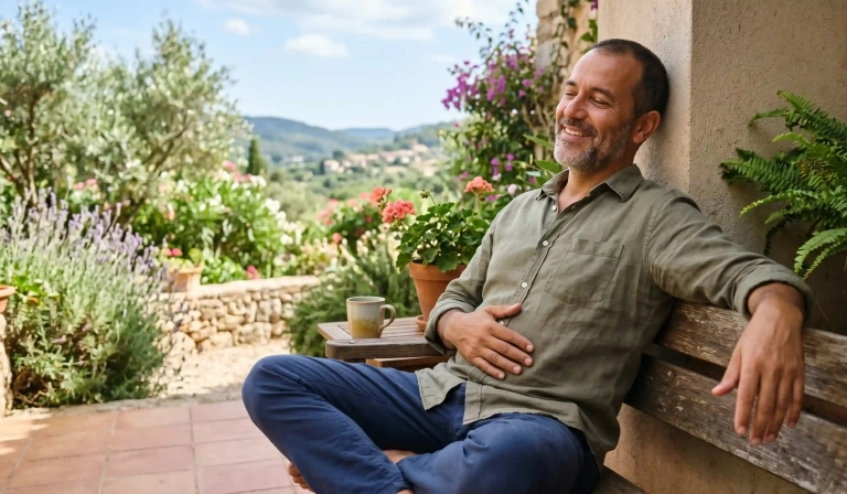 Hombre en Granada relajada tocando su abdomen indicando bienestar digestivo y mental.