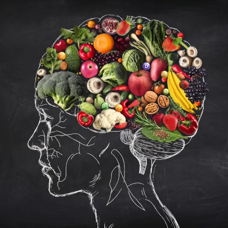 Ilustración de un cerebro humano compuesto por frutas y verduras, representando la conexión entre nutrición y psicología clínica.
