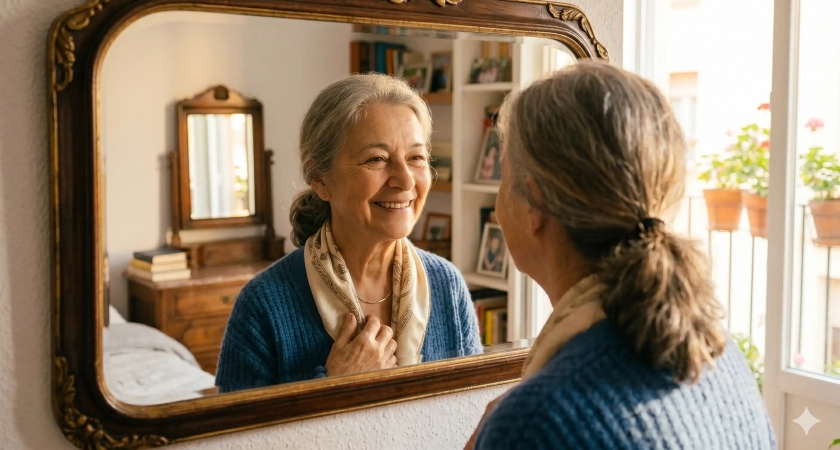 Persona mayor recuperando la confianza y el equilibrio emocional frente al espejo.