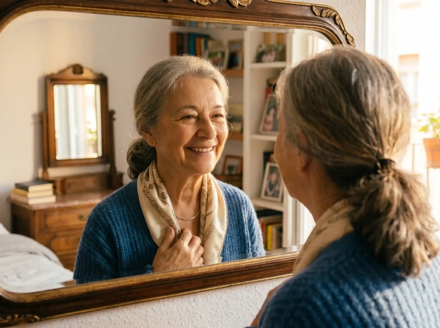 Persona mayor recuperando la confianza y el equilibrio emocional frente al espejo.