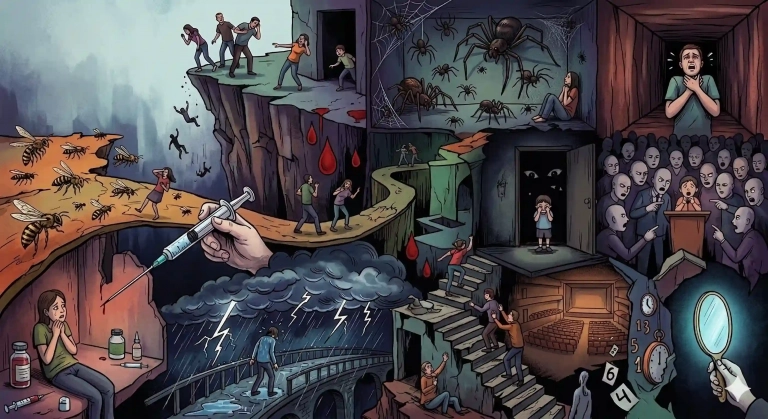 Ilustración detallada que muestra diversas fobias comunes como el miedo a las alturas, arañas, espacios cerrados y hablar en público.