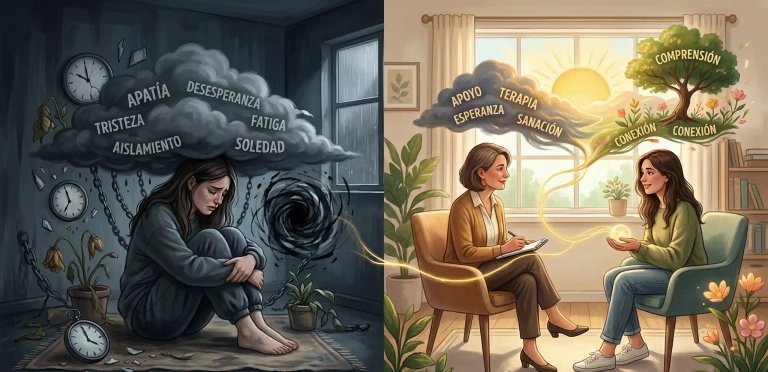 Ilustración comparativa sobre los síntomas de la depresión y el proceso de sanación a través de la terapia psicológica.