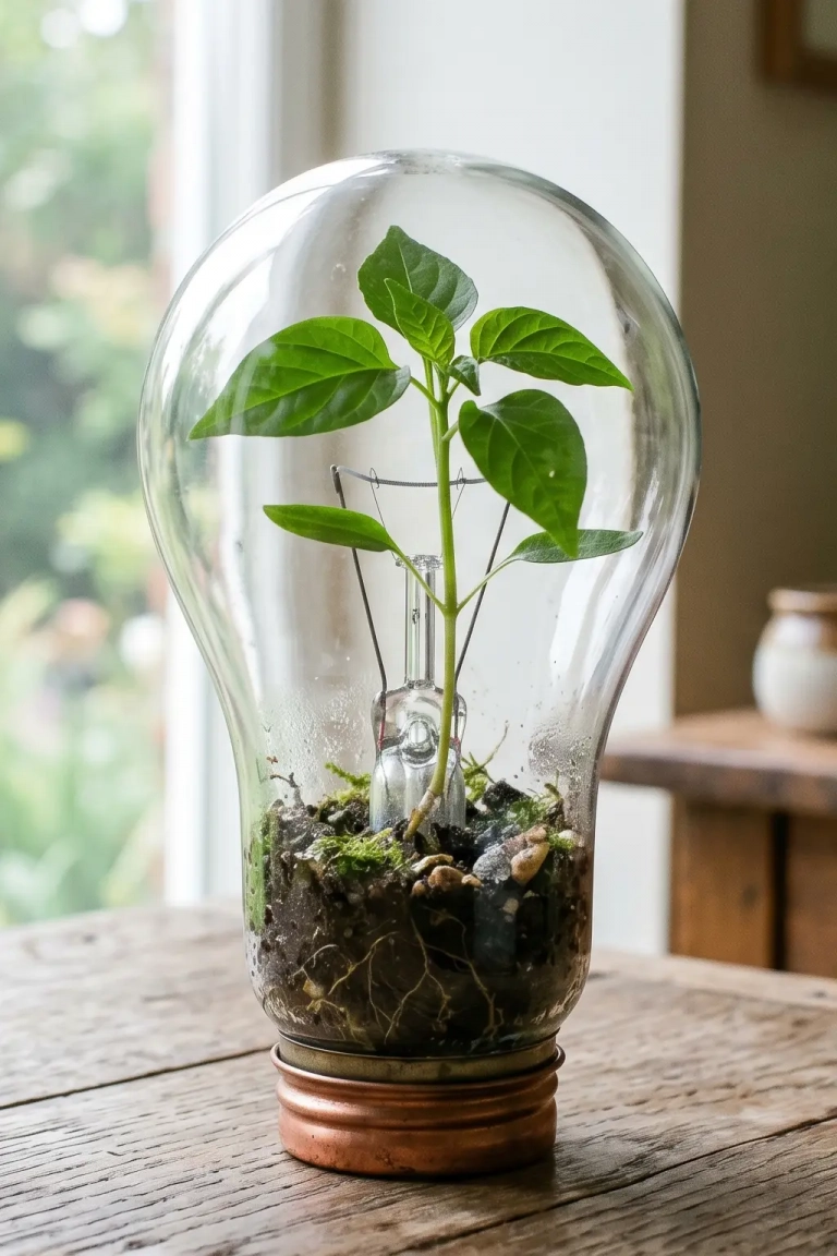 Una planta creciendo dentro de una bombilla de luz, representando la transformación interior y nuevas ideas.
