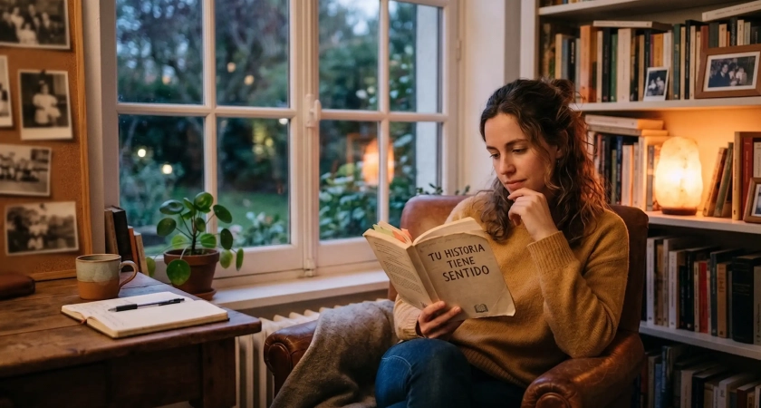 Mujer joven reflexionando mientras lee un libro, representando el autoconocimiento y la historia personal.