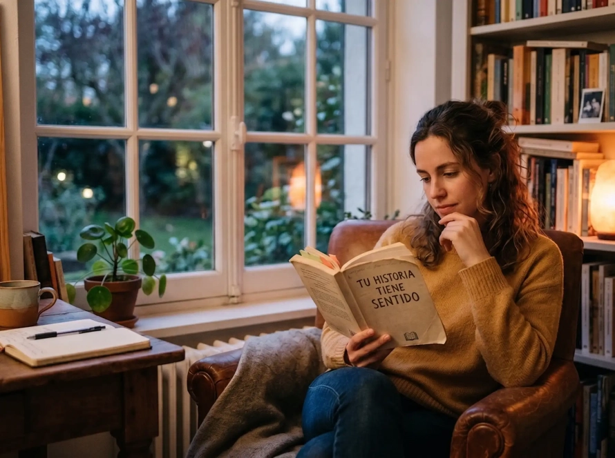 Mujer joven reflexionando mientras lee un libro, representando el autoconocimiento y la historia personal.