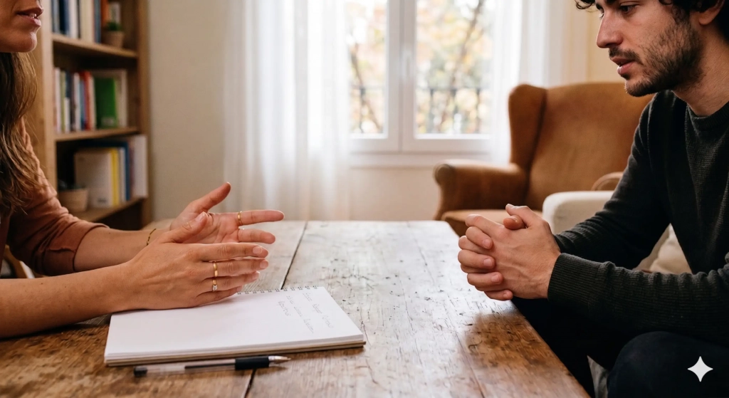 Primer plano de una sesión de psicoterapia donde se ven las manos de la psicóloga tomando notas frente a un hombre joven en actitud reflexiva.