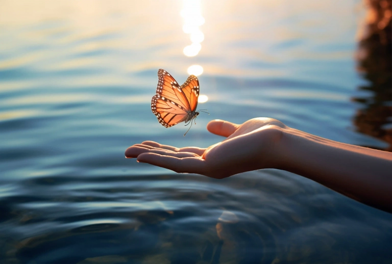 Una mariposa monarca alzando el vuelo desde una mano humana frente al mar, simbolizando el renacer y la libertad tras superar una crisis.
