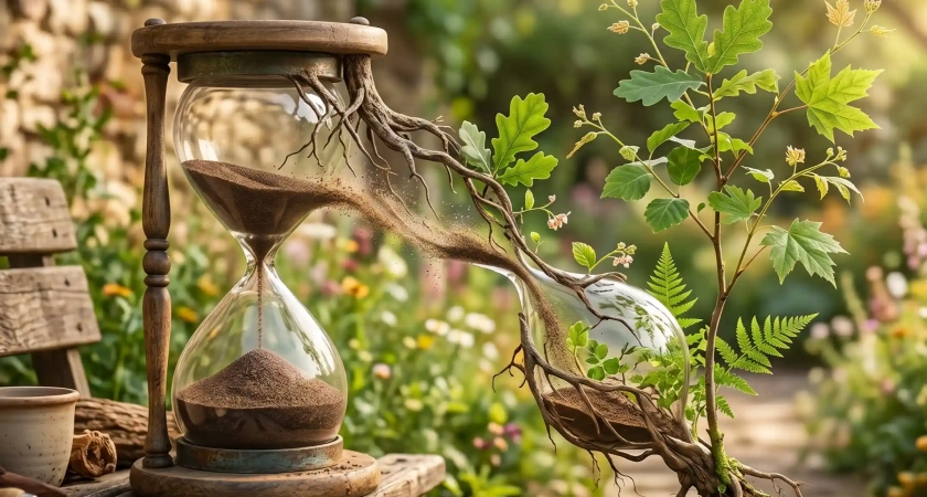 Metáfora de cómo el tiempo de descanso ayuda al crecimiento personal y emocional.